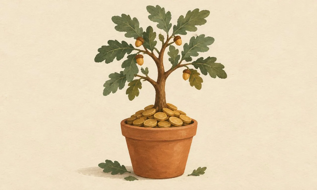 A small oak tree growing from coins in a clay pot