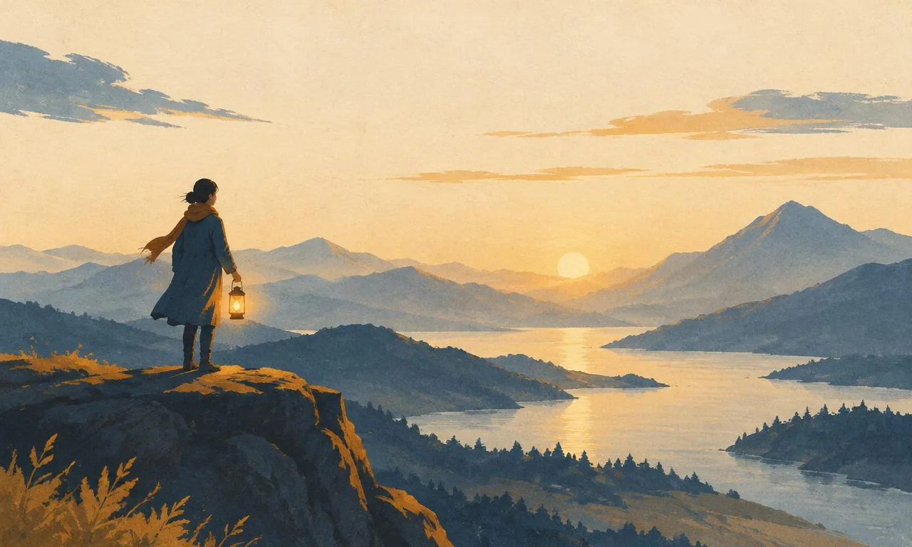 A lone figure with a lantern on a cliff overlooking mountains at dawn